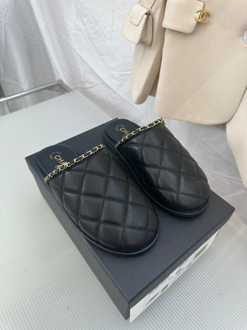 CC Black Lambskin Gold Chain Mules