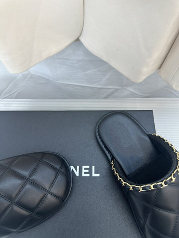 CC Black Lambskin Gold Chain Mules