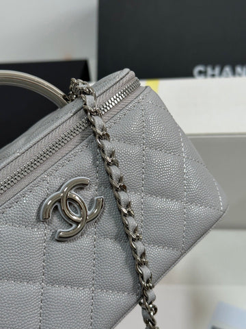 MINI VANITY TOP HANDLE CASE 17 IN GREY CAVIAR SKIN SILVER-TONE PLATED METAL