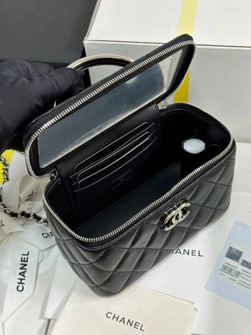 MINI VANITY TOP HANDLE CASE 17 IN BLACK CAVIAR SKIN SILVER-TONE PLATED METAL