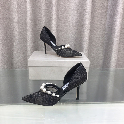 JIMMY CHOO 26S HIGH HEELS 85 MM IN BLACK LACE PEARL-EMBELLISHED