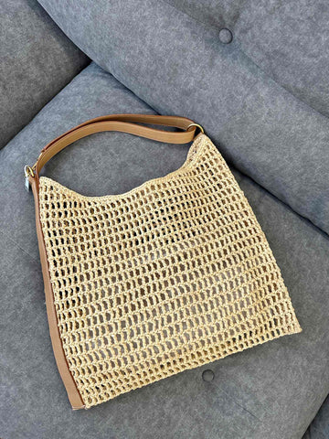 OXALIS 40  IN RAFFIA CROCHET AND LEATHER VINTAGE BROWN