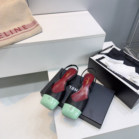 CHANEL 26S FLAT SLINGBACK IN BLACK LAMBSKIN WITH MINT GREEN CAP TOE