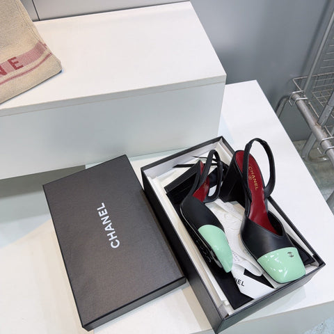 CHANEL 26S SLINGBACK 95 MM IN BLACK LAMBSKIN WITH MINT GREEN CAP TOE