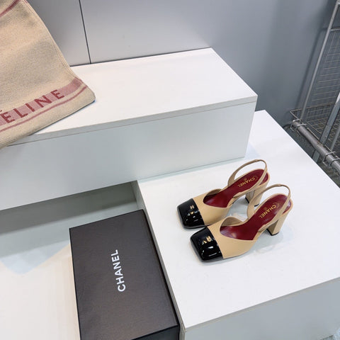 CHANEL 26S SLINGBACK 95 MM IN BEIGE LAMBSKIN WITH BLACK CAP TOE