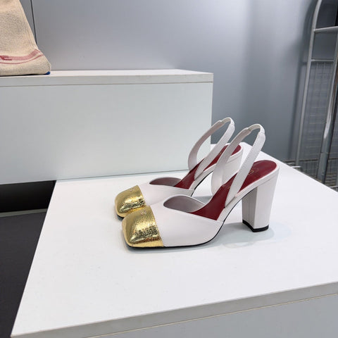 CHANEL 26S SLINGBACK 95 MM IN WHITE LAMBSKIN WITH GOLD CAP TOE