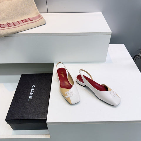 CHANEL 26S FLAT SLINGBACK IN BEIGE AND WHITE LAMBSKIN