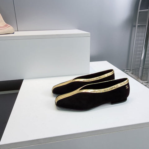 CHANEL 26S SQUARE-TOE FLATS IN BLACK SUEDE WITH GOLD PATENT TRIM