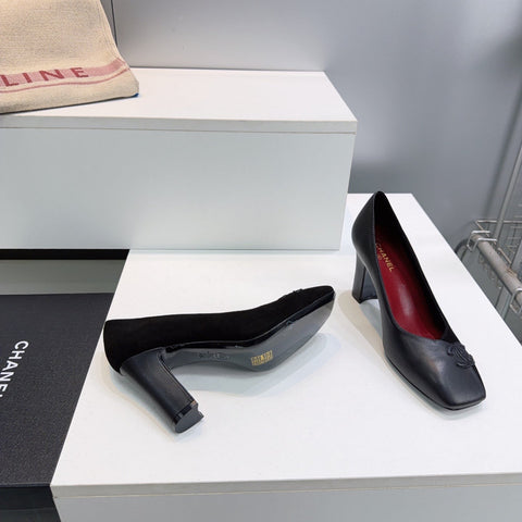 CHANEL 26S SQUARE-TOE HIGH HEELS 95 MM IN BLACK SUEDE AND LAMBSKIN