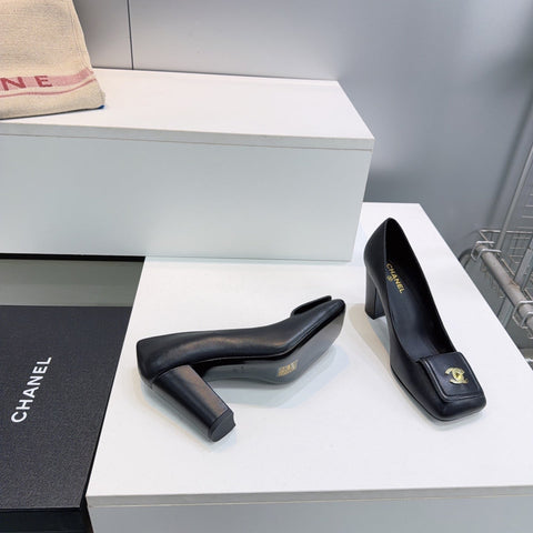 CHANEL 26S SQUARE-TOE HIGH HEELS 95 MM IN BLACK LAMBSKIN