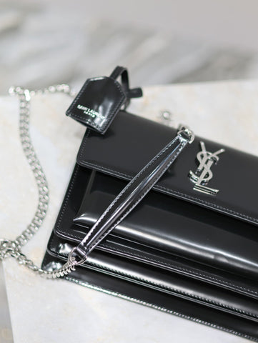 YSL 25S SUNSET MEDIUM 22 IN BLACK SHINY CALFSKIN SILVER HARDWRE
