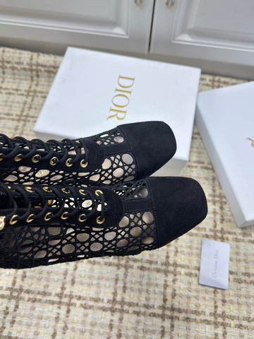 DIOR 26S LACE UP ANKLE BOOTS 80MM IN BLACK OPENWORK LACE SUEDE GOLD HEEL