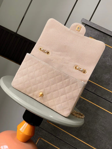 CHANEL 25S CLASSIC FLAP 26 CM IN LIGHT BEIGE CANVAS EMBROIDERED MOTIF WITH GOLD HARDWARE