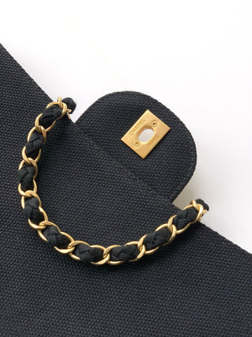 CHANEL 25S CLASSIC FLAP 26 CM IN GUNMETAL BLACK CANVAS EMBROIDERED MOTIF WITH GOLD HARDWARE