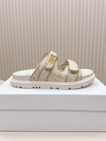 DIOR CLASSIC DOUBLE-STRAP SLIDES 25S IN WHITE MIX BEIGE FABRIC AND CALFSKIN