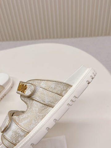 DIOR CLASSIC DOUBLE-STRAP SLIDES 25S IN WHITE MIX BEIGE FABRIC AND CALFSKIN