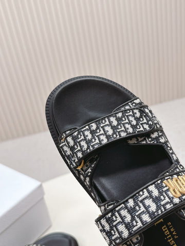 DIOR CLASSIC DOUBLE-STRAP SLIDES 25S IN BLACK FABRIC AND CALFSKIN