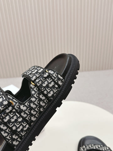 DIOR CLASSIC DOUBLE-STRAP SLIDES 25S IN BLACK FABRIC AND CALFSKIN