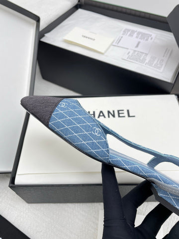 CC SLINGBACK 25S 25 MM IN BLUE DENIM WITH PLAID PATTERN