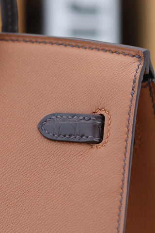 BIRKIN FAUBOURG TOUCH 20 IN CHOCOLATE MIX BRONZE BROWN CALFSKIN WITH SILVER HARDWARE