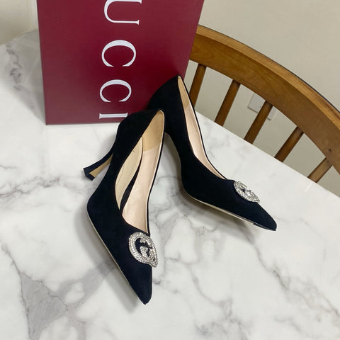 GUCCI 26S HIGH-HEELED SHOES 85 MM IN BLACK SUEDE WITH CRYSTAL