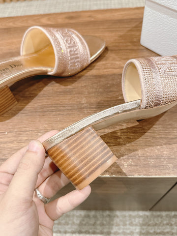 DIOR 26S D-CLUB EMBROIDERED HEELED SLIDES IN ROSE GOLD