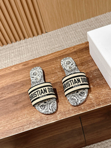 DIOR 26S D-CLUB EMBROIDERED SLIDES IN BLACK TOILE DE JOUY