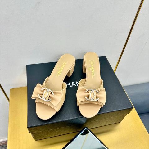 BOWKNOT RHINESTONES MID HEEL MULE IN FLAX YELLOW CALFSKIN