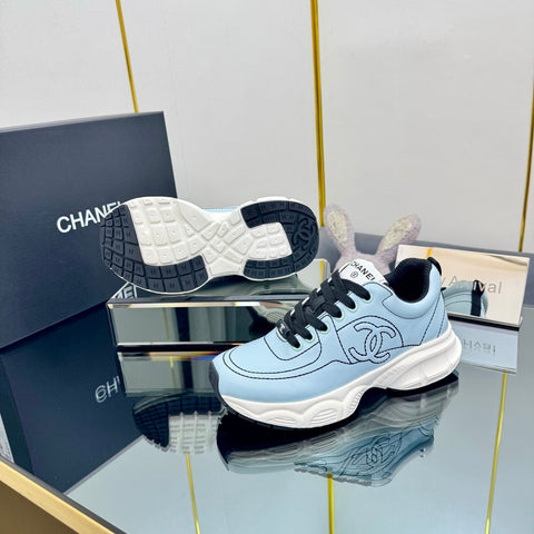 TRAINERS SNEAKER IN LIGHT BLUE CALFSKIN WITH BLACK EMBROIDERED
