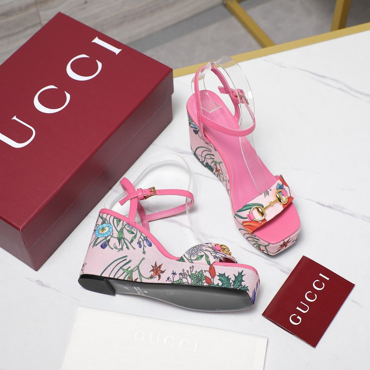 GG WEDGE HEEL SANDALS 100 IN PINK FABRIC FLORAL PRINT