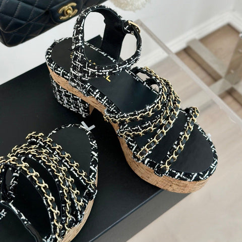 Double C Wooden Chain Platform Block Heel Sandals White Caro/ Black