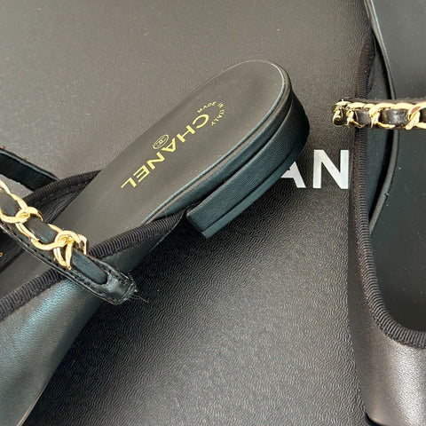 Double C Two-Tone Chain Mules Black Lambskin