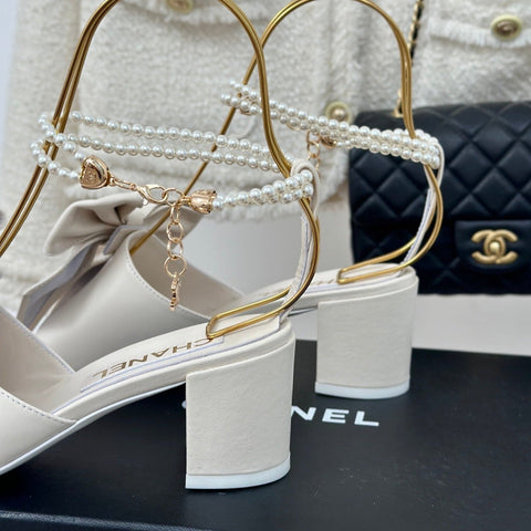 Double C Big Bow Pearl Chain High Sandals White Lambskin