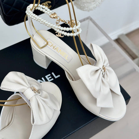 Double C Big Bow Pearl Chain High Sandals White Lambskin