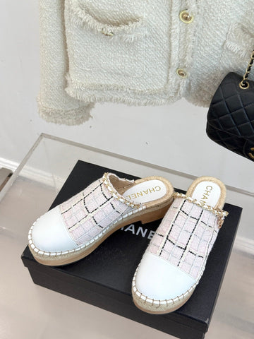 CC MULES 25SS 30 MM IN WHITE LAMBSKIN MIX PASTEL PINK TWEED