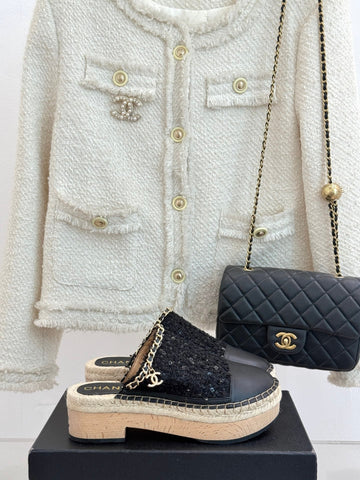 CC MULES 25SS 30 MM IN BLACK LAMBSKIN MIX TWEED