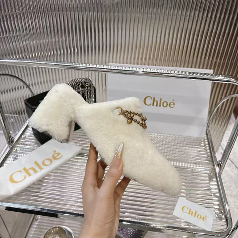 CHLOÉ 26S HIGH-HEELED MULES IN CREAM WHITE WOOL