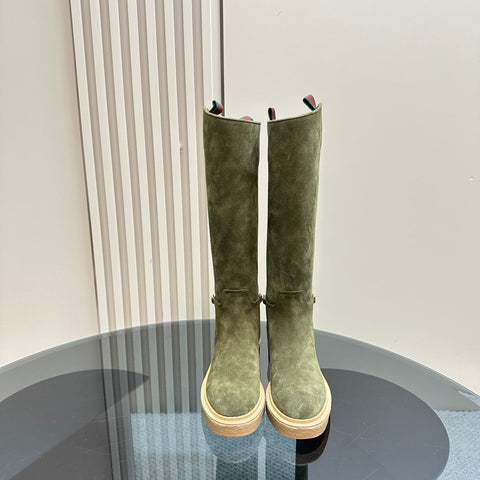 SLIM HORSEBIT KNEE BOOTS WITH WEB IN KHAKI GREEN SUEDE