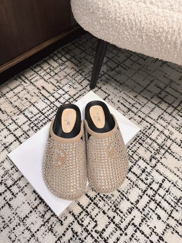 FLAT MULE IN LIGHT BROWN SUEDE WITH CRYSTALS