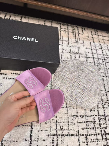 SLIPPERS IN LILAC PURPLE SATIN MIX CALFSKIN