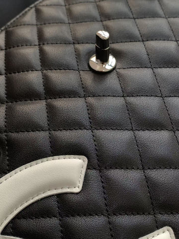 CHANEL CAMBON LARGE FLAP 25S 33 CM IN BLACK CALFSKIN WITH WHITE LOGO