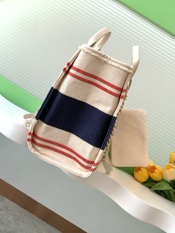 SHOPPING BAG 38 IN WHITE RED AND NAVY BLUE CANVAS
