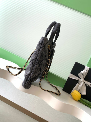 CHANEL 25S MAXI BOW BAG 38 IN DARK GREY DENIM WITH GOLD HARDWARE
