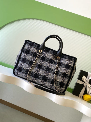 CHANEL 25S SHOPPING BAG 40 IN BLACK MIX GREY TWEED