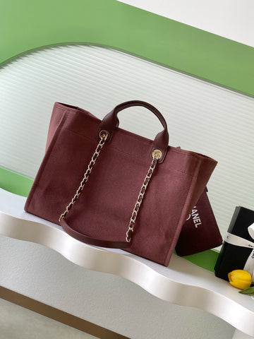 CHANEL 25S TOTE BAG 38 IN DARK RED CANVAS