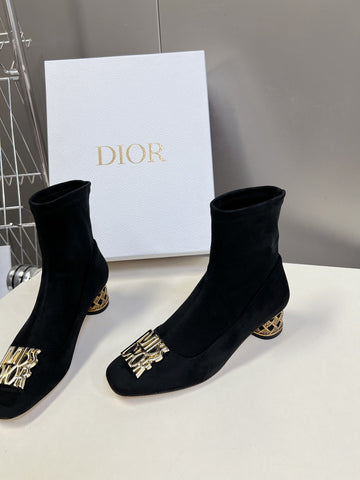 ICON HEELED ANKLE BOOT BLACK SUEDE 4 CM WITH GOLD LOGO