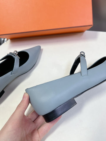 HM 26S KELLY BUCKLE MARY JANE POINTED FLATS IN LIGHT BLUE CALFSKIN