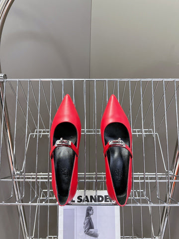 HM 26S MARY JANE POINTED TOE HEELS 40MM IN RED CALFSKIN KELLY BUCKLE