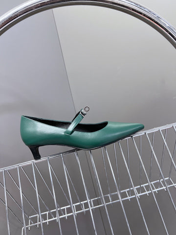 HM 26S MARY JANE POINTED TOE HEELS 40MM IN EMERALD GREEN CALFSKIN KELLY BUCKLE