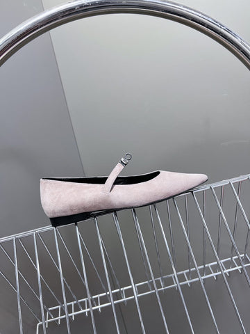HM 26S KELLY BUCKLE MARY JANE POINTED FLATS IN TAUPE BROWN SUEDE